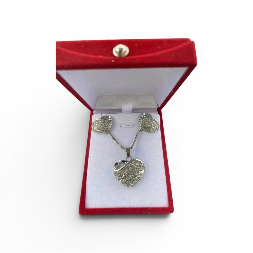 Silver Tone Heart Necklace & Earrings Set Rhinestone Crystal Jewelry Gift